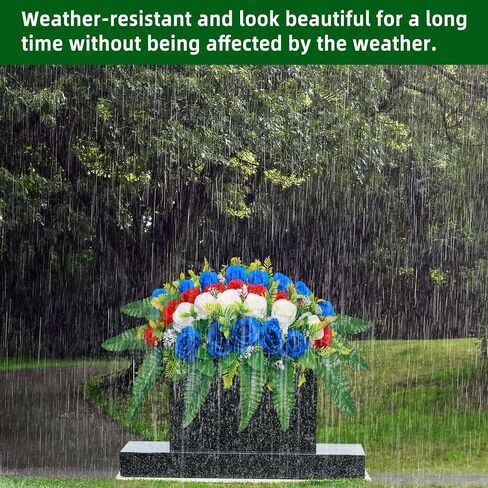 Lodou Artificial Cemetery Flowers, Silk Flower Arrangement,Artificial Rose Bouquet Grave Memorial Flowers with Headstone Saddle for Graveyard Headstones Decoration (1, Blue and White) in Saudi Arabia