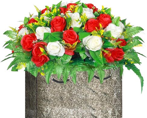 Lodou Artificial Cemetery Flowers, Silk Flower Arrangement,Artificial Rose Bouquet Grave Memorial Flowers with Headstone Saddle for Graveyard Headstones Decoration (1, Blue and White) in Saudi Arabia