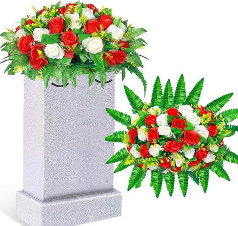 Lodou Artificial Cemetery Flowers, Silk Flower Arrangement,Artificial Rose Bouquet Grave Memorial Flowers with Headstone Saddle for Graveyard Headstones Decoration (1, Blue and White) in Saudi Arabia
