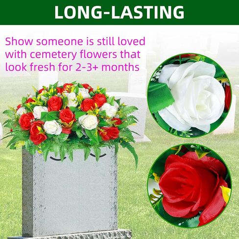 Lodou Artificial Cemetery Flowers, Silk Flower Arrangement,Artificial Rose Bouquet Grave Memorial Flowers with Headstone Saddle for Graveyard Headstones Decoration (1, Blue and White) in Saudi Arabia