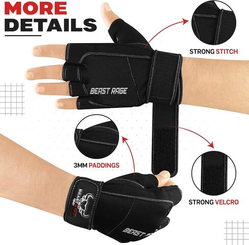 BEAST RAGE Gym Workout Gloves for Men, Cushion Padded Palm Grip for Weight Lifting Gloves Wrist Wraps Working Out More Exercise Pull ups Hand Support Training Fitness Cycling in Saudi Arabia