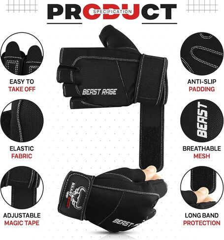 BEAST RAGE Gym Workout Gloves for Men, Cushion Padded Palm Grip for Weight Lifting Gloves Wrist Wraps Working Out More Exercise Pull ups Hand Support Training Fitness Cycling in Saudi Arabia