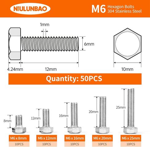 M6 × 60 مم 65 مم 70 مم 75 مم 80 مم براغي سداسية شديدة التحمل، 304 من الفولاذ المقاوم للصدأ، متري، خيط الآلة بالكامل، لمسة نهائية لامعة، مجموعة متنوعة 20 قطعة in Saudi Arabia