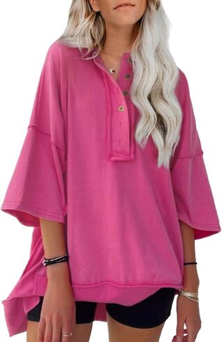 AlvaQ Womens Oversized Short Sleeve Sweatshirt Summer Casual Loose Button Down Henley V Neck Pullover Tunic Tops Shirts in Saudi Arabia
