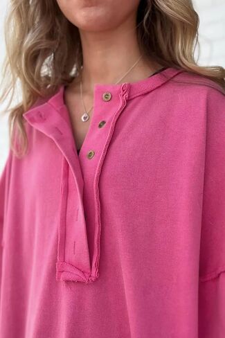 AlvaQ Womens Oversized Short Sleeve Sweatshirt Summer Casual Loose Button Down Henley V Neck Pullover Tunic Tops Shirts in Saudi Arabia