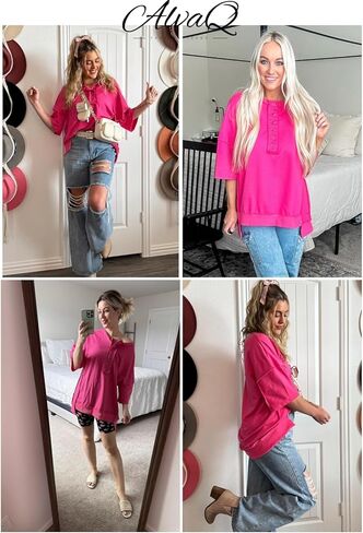 AlvaQ Womens Oversized Short Sleeve Sweatshirt Summer Casual Loose Button Down Henley V Neck Pullover Tunic Tops Shirts in Saudi Arabia