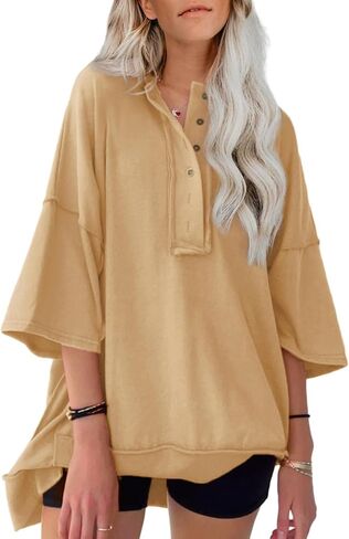 AlvaQ Womens Oversized Short Sleeve Sweatshirt Summer Casual Loose Button Down Henley V Neck Pullover Tunic Tops Shirts in Saudi Arabia