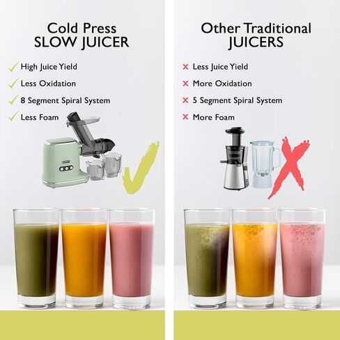 Masticating Juicer Cold Press Slow Juicer Machine - Whole Fruit and Vegetable Juice Extractor, Multiple Filters, Easy to Clean, Durable - Green in Kuwait