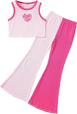 Floerns Girl's Heart Letter Graphic Contrast Tank Top Colorblock Flare Leg Pants 2 Piece Outfit in Saudi Arabia