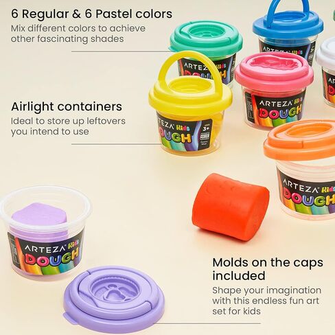 Arteza Kids Play Dough, 6 Pastel and 6 Regular Colors, 2.8-oz Tubs, Soft, Air-Tight Containers, Art Supplies for Kids Crafts and Playtime Activities in Saudi Arabia