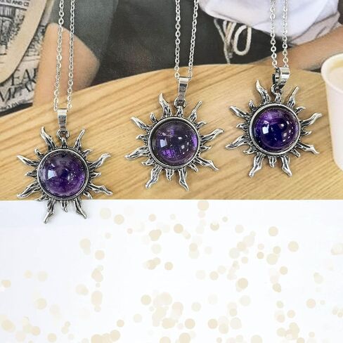 Amethyst Crystal Necklace, Reiki Sun Necklace for Women, Healing Purple Crystal Necklace for Unisex Amethyst Jewelry, February Birthstone Necklace for Men Women Gift in Kuwait