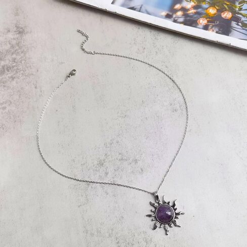 Amethyst Crystal Necklace, Reiki Sun Necklace for Women, Healing Purple Crystal Necklace for Unisex Amethyst Jewelry, February Birthstone Necklace for Men Women Gift in Kuwait