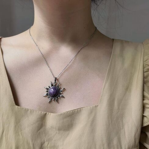 Amethyst Crystal Necklace, Reiki Sun Necklace for Women, Healing Purple Crystal Necklace for Unisex Amethyst Jewelry, February Birthstone Necklace for Men Women Gift in Kuwait