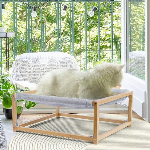 أرجوحة كبيرة للقطط، سرير للقطط لحمامات الشمس، سرير نوم للقطط واقف على الأرض، أرجوحة من خشب الخيزران لاستراحة الحيوانات الأليفة، سرير أثاث مرتفع للحيوانات الأليفة للقطط والجرو والأرنب مقاس 16.5 × 15 بوصة in Kuwait