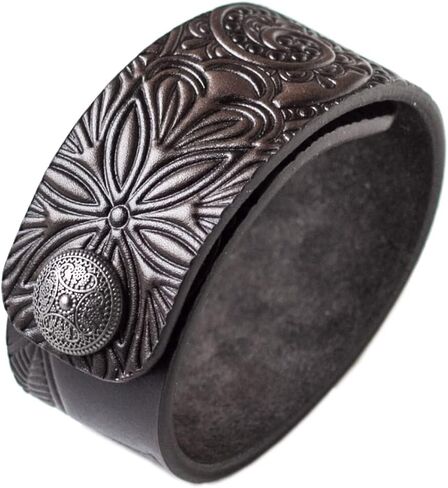 Brown Leather Bracelet for Women, Hand Painted, Embossed, Metal Snap, Wrist Size 6.0-7.25 inches in Saudi Arabia