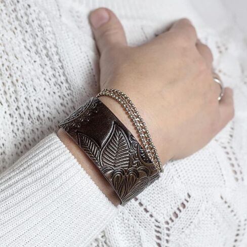 Brown Leather Bracelet for Women, Hand Painted, Embossed, Metal Snap, Wrist Size 6.0-7.25 inches in Saudi Arabia