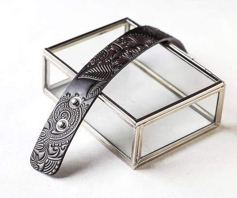 Brown Leather Bracelet for Women, Hand Painted, Embossed, Metal Snap, Wrist Size 6.0-7.25 inches in Saudi Arabia