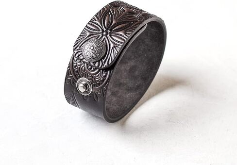 Brown Leather Bracelet for Women, Hand Painted, Embossed, Metal Snap, Wrist Size 6.0-7.25 inches in Saudi Arabia