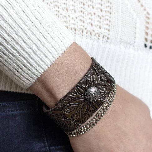 Brown Leather Bracelet for Women, Hand Painted, Embossed, Metal Snap, Wrist Size 6.0-7.25 inches in Saudi Arabia