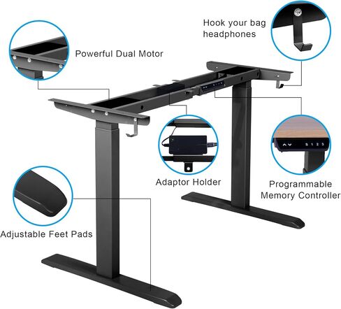 Electric Dual Motor Stand up Desk Frame with USB A and C Ports- Height Adjustable Standing Desk Base 3 Memory Controller for Home and Office (Gray) in Saudi Arabia