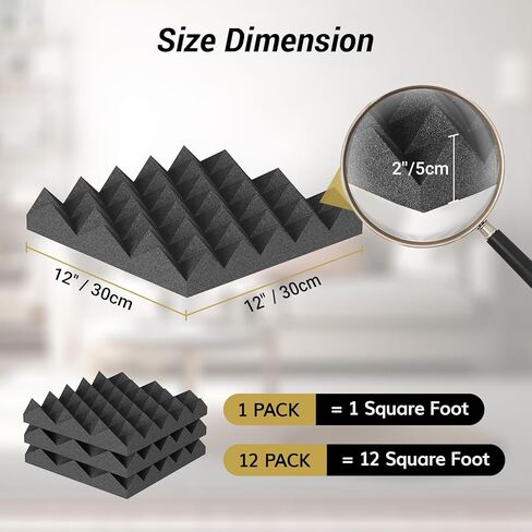 TONOR 24 حزمة من ألواح الرغوة الصوتية، 2 * 12 * 12 بوصة ذاتية اللصق ثلاثية الأبعاد مصممة على شكل هرم لامتصاص الأصداء، توسيع سريع، رغاوي ممتصة للصوت مناسبة للمنزل والاستوديو، أسود in Kuwait
