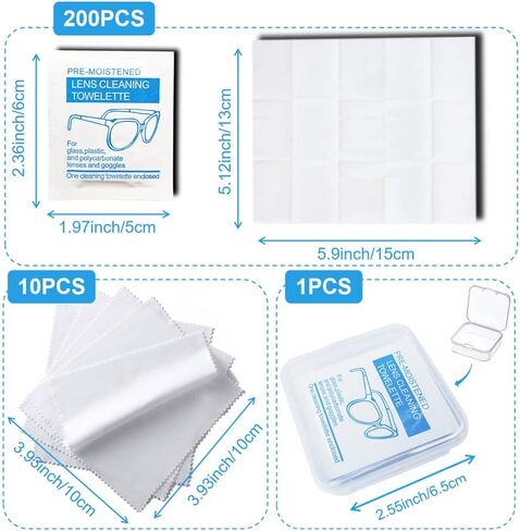 IGOOLEE 200 Pcs Disposable Eyeglass Cleaning Tissues Wipes Cloths Individually Wrapped Glasses Cleaner Lens Wipes with 10 Pcs Cleaning Cloths 1 Pcs Storage Box for Phone Computer Car Screen Camera in Saudi Arabia
