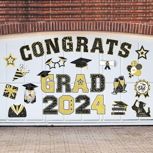 Landhoow 30 قطعة مغناطيس سيارة التخرج 2024 ديكور سيارة التخرج ملصق ممتص للصدمات Congrats Grad قبعة التخرج مغناطيس مغناطيسي ثلاجة سيارة ملصق مائي لحفلة التخرج (أسود، ذهبي) in Kuwait