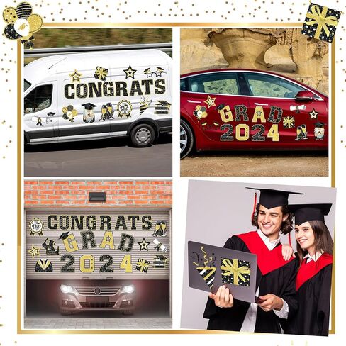 Landhoow 30 قطعة مغناطيس سيارة التخرج 2024 ديكور سيارة التخرج ملصق ممتص للصدمات Congrats Grad قبعة التخرج مغناطيس مغناطيسي ثلاجة سيارة ملصق مائي لحفلة التخرج (أسود، ذهبي) in Kuwait