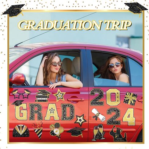 Landhoow 30 قطعة مغناطيس سيارة التخرج 2024 ديكور سيارة التخرج ملصق ممتص للصدمات Congrats Grad قبعة التخرج مغناطيس مغناطيسي ثلاجة سيارة ملصق مائي لحفلة التخرج (أسود، ذهبي) in Kuwait