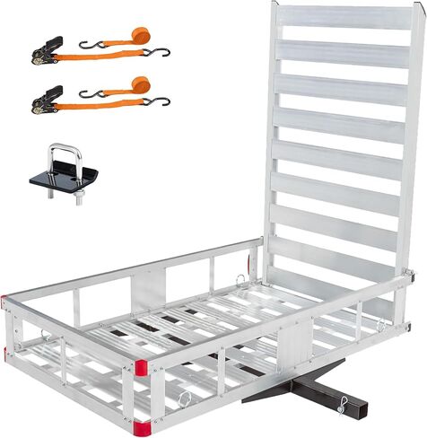 MaxxHaul 50910 50 inch x 29.5 inch Trailer Hitch Mount Aluminum Cargo Carrier with High Side Rails, 47 inch Ramp for RV, Truck, SUV, Van, Car - 500 lb. Capacity, with 2 of Tie Downs & Hitch Stabilizer in Saudi Arabia