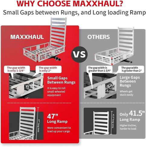 MaxxHaul 50910 50 inch x 29.5 inch Trailer Hitch Mount Aluminum Cargo Carrier with High Side Rails, 47 inch Ramp for RV, Truck, SUV, Van, Car - 500 lb. Capacity, with 2 of Tie Downs & Hitch Stabilizer in Saudi Arabia