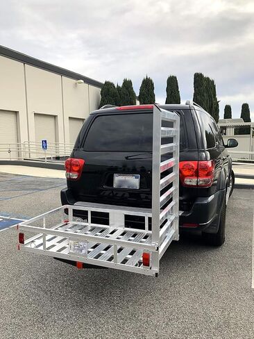 MaxxHaul 50910 50 inch x 29.5 inch Trailer Hitch Mount Aluminum Cargo Carrier with High Side Rails, 47 inch Ramp for RV, Truck, SUV, Van, Car - 500 lb. Capacity, with 2 of Tie Downs & Hitch Stabilizer in Saudi Arabia