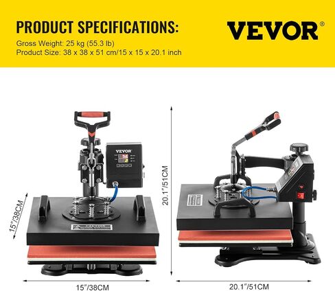 VEVOR Heat Press, 5 in 1 Heat Press Machine 15x15, 1050W Sublimation Transfer Printer with Teflon Coated, Fast&Even Heating, Digital Precise Temperature Control, for T Shirts Mug Cap Plate, Black in Saudi Arabia