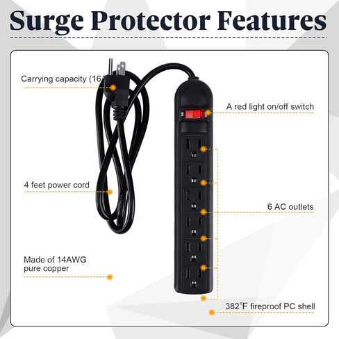 20 Pack 6 Outlet Power Strip Surge Protector 4 ft Cord Low Profile Flat Plug Surge Protector Power Strip for Home Office (Black) in Saudi Arabia