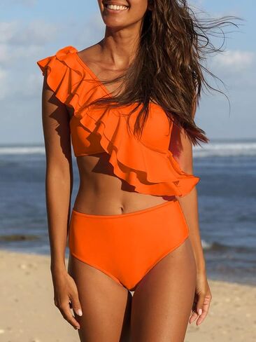 Hilinker Women's Ruffle One Shoulder Bikini Mid Waist Bikini Swimsuit 2 Piece Bathing Suit in Saudi Arabia
