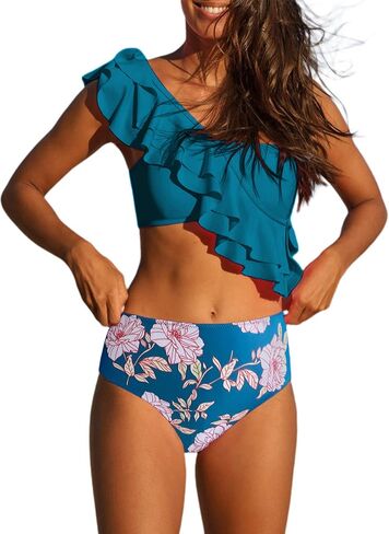 Hilinker Women's Ruffle One Shoulder Bikini Mid Waist Bikini Swimsuit 2 Piece Bathing Suit in Saudi Arabia