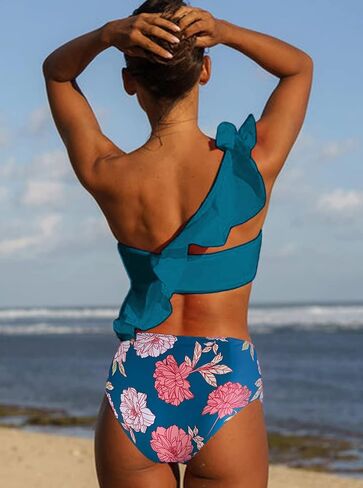Hilinker Women's Ruffle One Shoulder Bikini Mid Waist Bikini Swimsuit 2 Piece Bathing Suit in Saudi Arabia