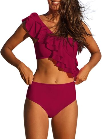 Hilinker Women's Ruffle One Shoulder Bikini Mid Waist Bikini Swimsuit 2 Piece Bathing Suit in Saudi Arabia