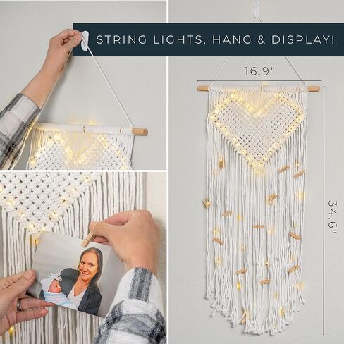 طقم عرض الصور المعلقة على الحائط من Macrame لديكور الحائط مع مصابيح LED خرافية للصور، هدايا للفتيات المراهقات، إطارات صور معلقة مع سلسلة in Kuwait