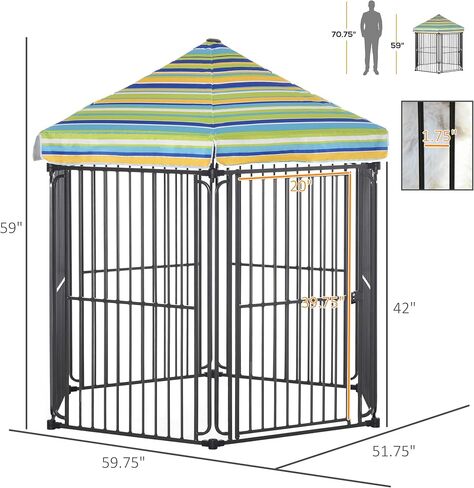 PawHut 60 "× 52" روضة للكلاب معدنية شديدة التحمل، بيت قفص للحيوانات الأليفة في الهواء الطلق، حاجز سياج لتمرين الجرو مع سقف بوليستر مقاوم للطقس، باب قفل، وإطار معدني in Kuwait