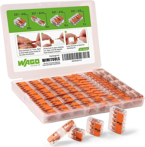 50pc WAGO Wire Connectors 221 Series, Electrical Wire Connectors Assortment Pack. Includes 412 (x20), 2411 (x10), 413 (x15), 415 (x5) Quick Splice Wire Connectors in Saudi Arabia