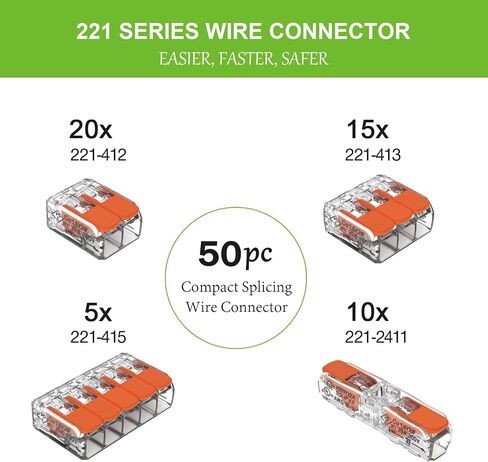 50pc WAGO Wire Connectors 221 Series, Electrical Wire Connectors Assortment Pack. Includes 412 (x20), 2411 (x10), 413 (x15), 415 (x5) Quick Splice Wire Connectors in Saudi Arabia