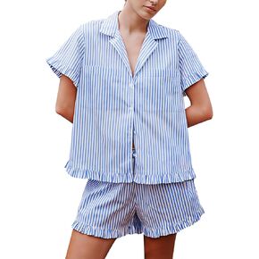 Arssm Womens Striped Pajama Sets 2 Piece Cotton Pjs Sets Short Sleeve Button Down Shirts and Shorts Sleepwear in Kuwait