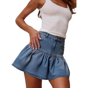 تنورة قصيرة من قماش الدنيم للسيدات من YUNDAI مع جيب بخصر عالٍ وحاشية مكشكشة على شكل حرف A تنورة قصيرة من الجينز لملابس الشارع غير الرسمية in Kuwait