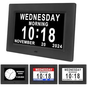Johnziny 7 Inch Digital Clock with Day and Date for Elderly Large Display Digital for Elderly Dementia Clock Alarms, 12 Alarms and 8 Tags,4 Colors Display Calendar Alarm Clock(Black) in Saudi Arabia