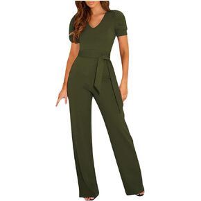 Jumpsuits for Women Dressy Casual Short Sleeve Summer Romper V Neck Drawstring One Piece Vacation Elegant Outfits in Kuwait