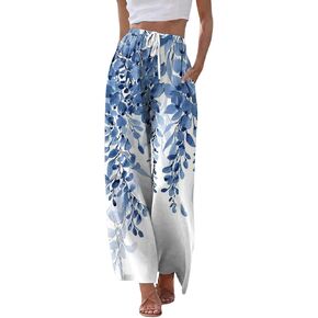 Linen Pants for Women Vintage Floral Palazzo Crop Pants Wide Leg Lounge Baggy Drawstring Waist Trousers in Kuwait