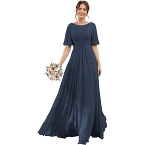 YOFF فساتين وصيفة الشرف بأكمام قصيرة طويلة مع جيب A Line Ruched فستان سهرة رسمي YO005 in Kuwait