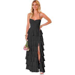 Tiered Ruffle Bridesmaid Dresses for Women Chiffon Spaghetti Straps Prom Formal Evening Dress with Slit in Kuwait