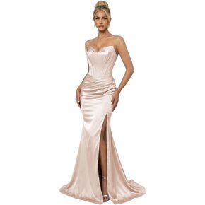 Strapless Corset Satin Prom Dress Ball Gown 2026 with Slit Mermaid Pleated Sequin Formal Evening Party Gowns in Kuwait